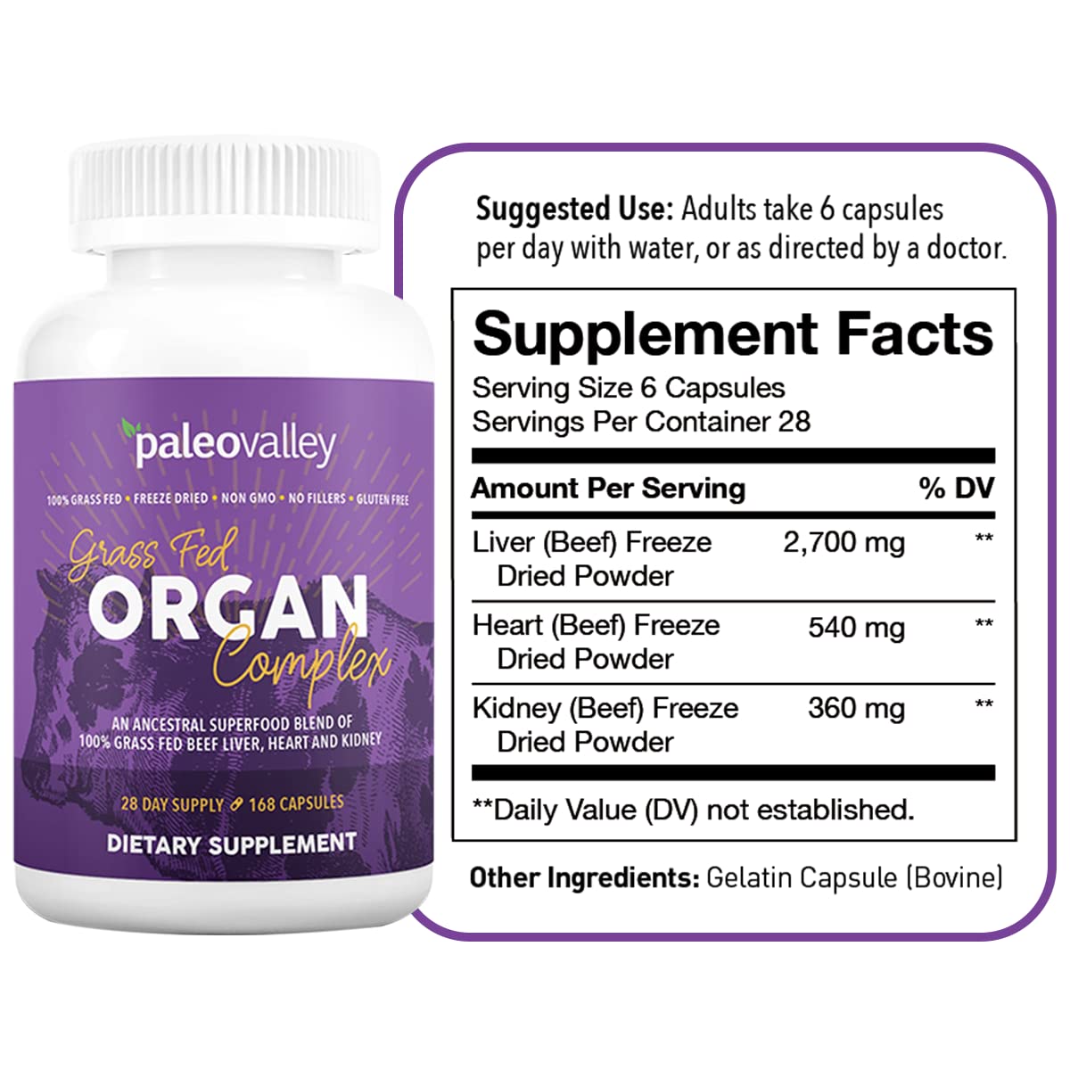 Paleovalley Grass Fed Beef Organ Complex - Freeze-Dried Beef Liver, Heart, and Kidney Blend, 1 Bottle PaleovalleyUS supplements