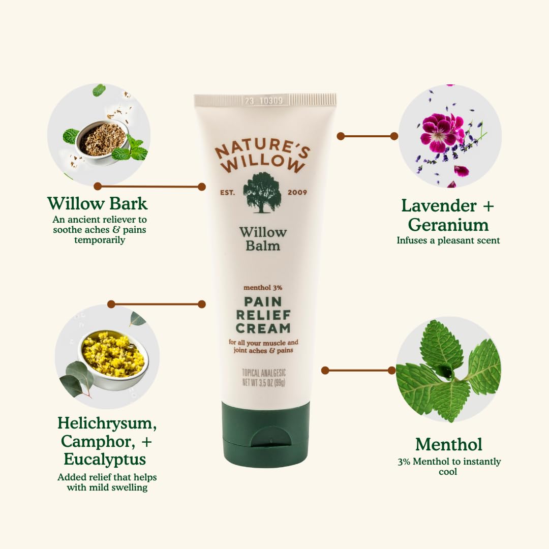 Nature's Willow Willow Balm Natural Pain Relief Cream for Muscles & Joints | Fast-Acting with Willow Bark & Menthol | Free from Artificial Fragrances & Dyes | 1-Pack | 3.5 fl oz Nature's WillowAu supplements