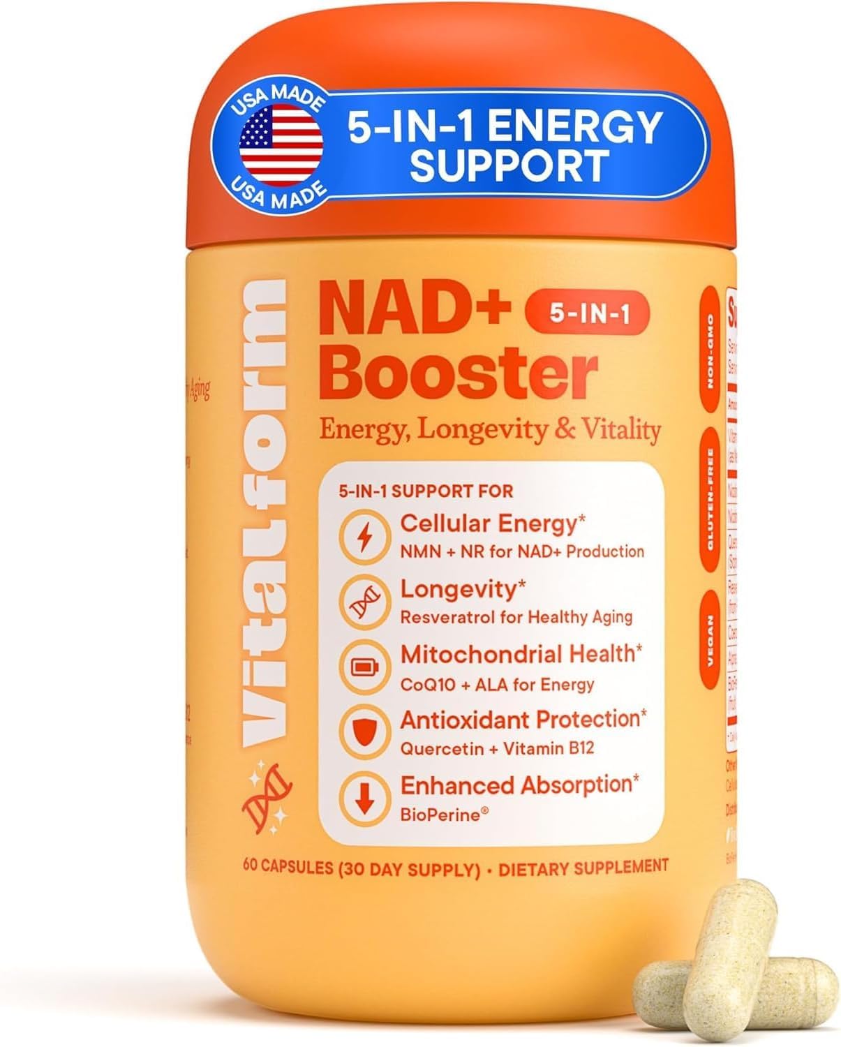VitalForm NAD+ Supplement with NMN & Nicotinamide Riboside (NR) – Advanced Cellular Energy & Healthy Aging Complex – with Resveratrol, CoQ10, Quercetin & BioPerine – 60 Vegan Capsules VitalFormAu supplements
