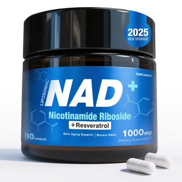 TOPCAPAK NAD+ Supplement - NAD Nicotinamide Riboside Resveratrol, Liposomal NAD+ Supplement 1000mg for for Women & Men - Healthy Aging, Brain and Cellular Energy, Non-GMO, 80 Capsules TOPCAPAKAu supplements