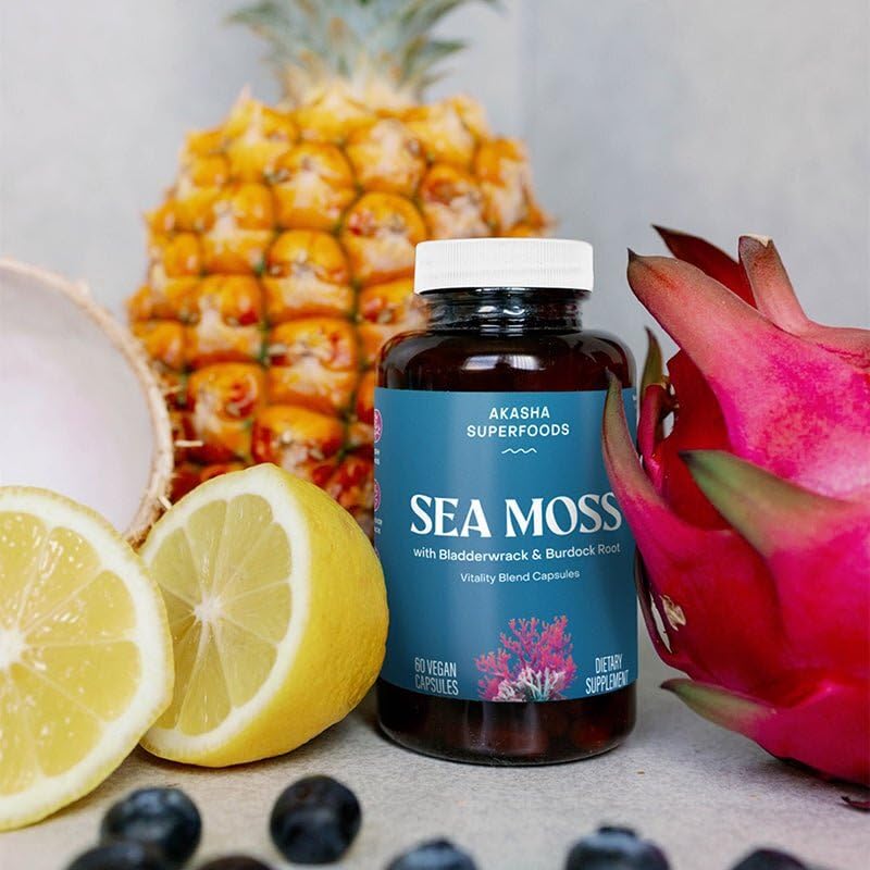 Akasha Superfoods Sea Moss Capsules, Organic Irish Moss with Bladderwrack Root, Burdock Root, and BioPerine, Skin, Thyroid, Digestion & Immunity Support for Women & Men, Gluten Free, Vegan, 60 Count Akasha SuperfoodsAu supplements