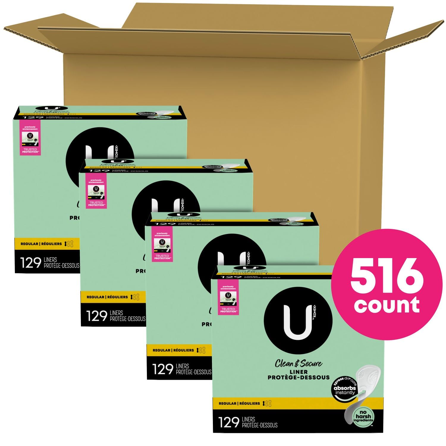 U by Kotex Clean & Secure Panty Liners, Light Absorbency, Regular Length, 516 Count U by KotexAu supplements