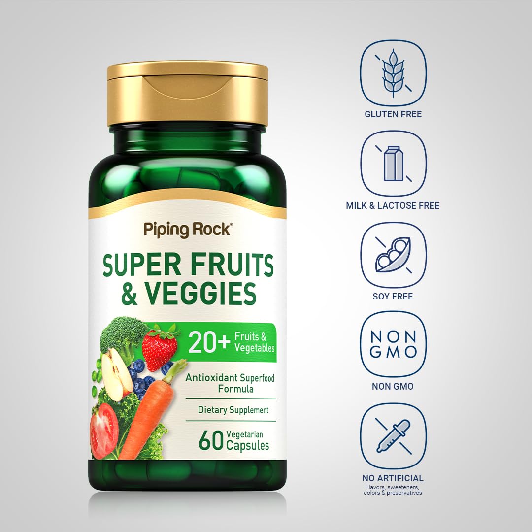 Piping Rock Fruits and Veggies Supplement | 60 Capsules | Superfood Fruit and Vegetables Vitamins | with Prebiotic Blend | Vegetarian Formula | Non-GMO, Gluten Free Piping RockAu supplements