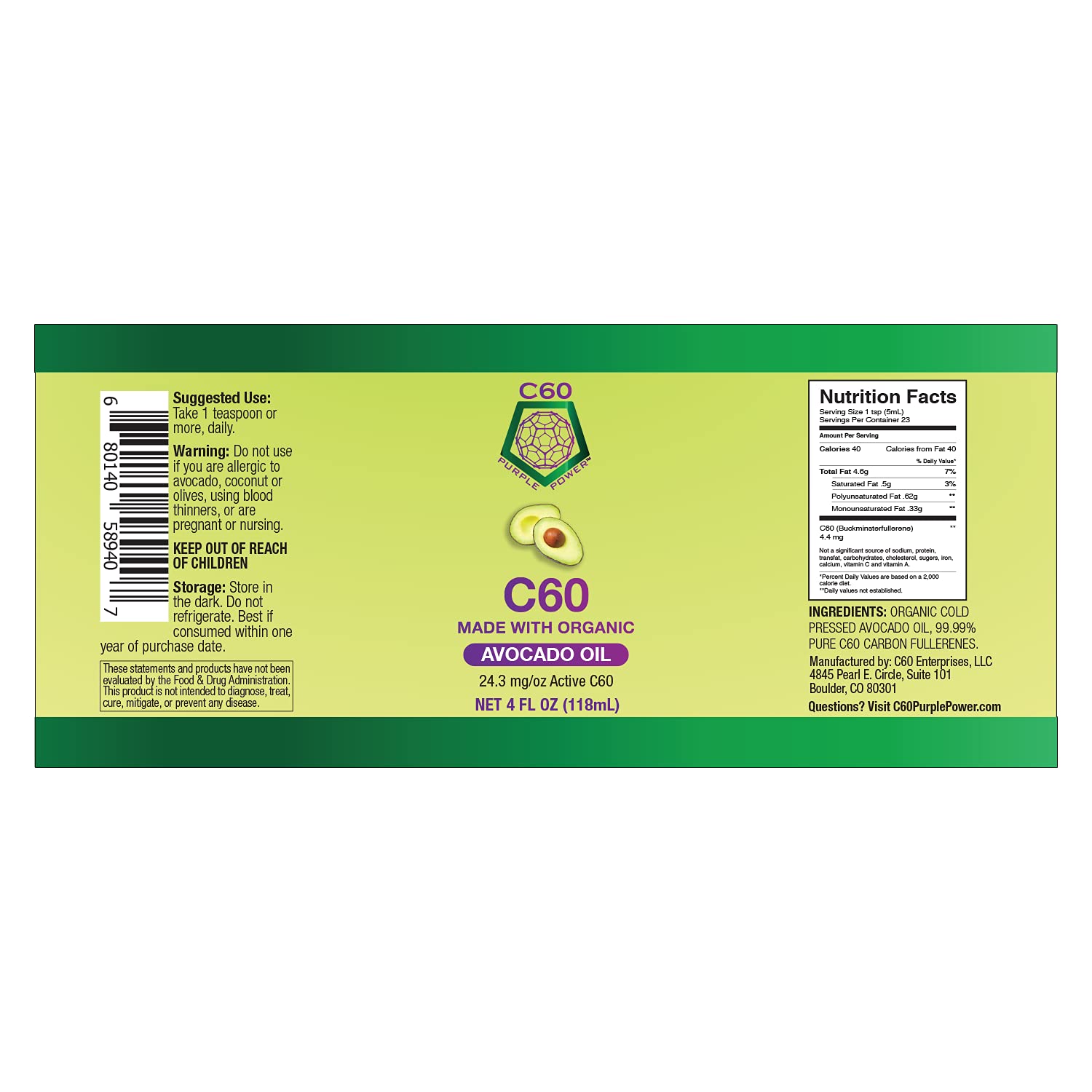 C60 Power C60 in Organic Avocado Oil - Natural Wellness & Antioxidant Support for Men & Women, 99.99% Pure Carbon Fullerenes, Promotes Energy, Mental Clarity, & Stamina - 4 fl oz Bottle C60 Purple PowerAu supplements