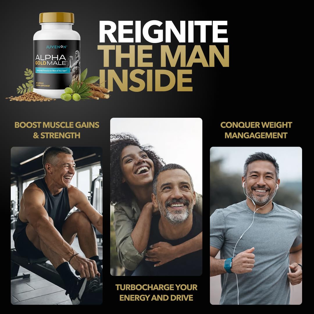 Juvenon Alpha Gold Male Testosterone Booster for Men - T-Support & Male Vitality with KSM-66 Ashwagandha + Fenugreek + Boron Citrate + Saw Palmetto, Non-GMO Vegetarian Capsules JuvenonAu supplements
