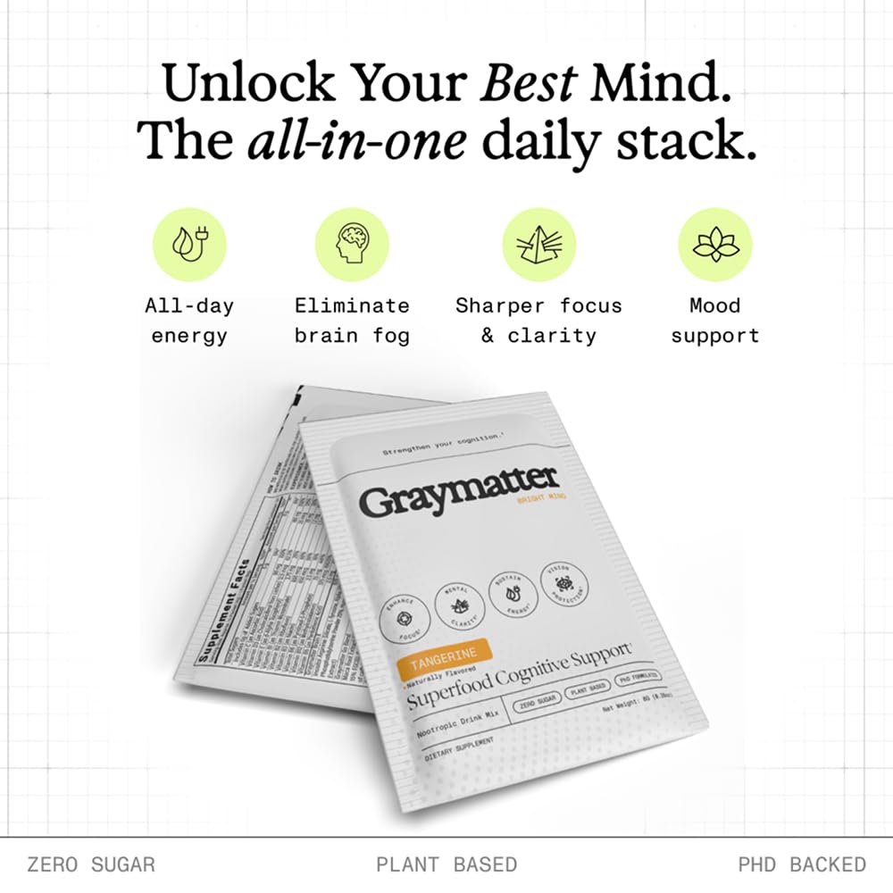 Graymatter Bright Mind Nootropic Powder (6 Travel Packets Variety Pack: Cacao, Tangerine, Strawberry Lemon) – Plant-Based Energy & Focus Drink Mix, Adaptogens & Vitamins, Sugar-Free Daily Supplement GraymatterAu supplements