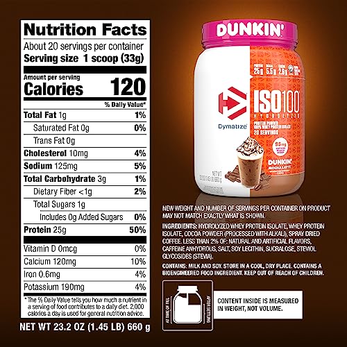 Dymatize ISO100 Hydrolyzed Protein Powder in Dunkin' Mocha Latte Flavor, 100% Whey DymatizeUS supplements