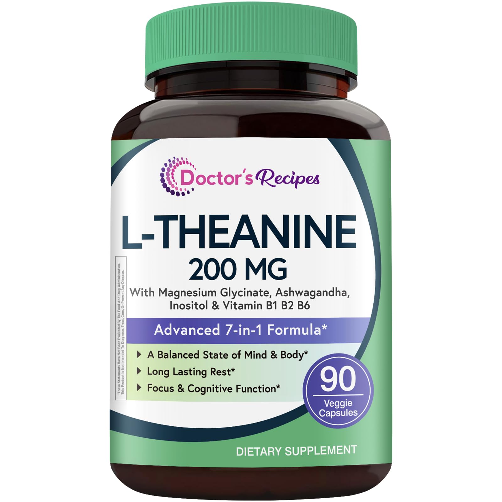 Doctor's Recipes L-Theanine 200 mg, Magnesium Glycinate, Ashwagandha, Inositol, Vitamin B6 B1 B2, Calm Relaxation Mood Cortisol Manager Nerve Focus Sleep Aid Quality No Drowsiness, Vegan, 90 Capsules Doctor's RecipesAu supplements