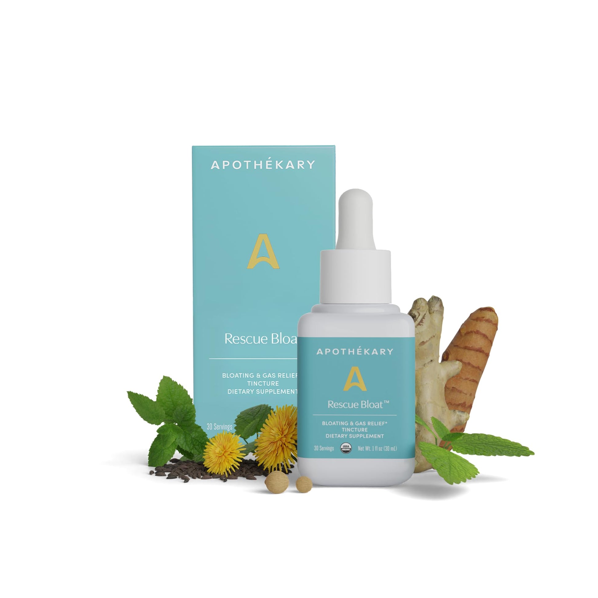 Apothékary Rescue Bloat, Fast-Acting Digestive Drops for Occasional Gas and Bloat Relief, Herbal Liquid Drops with Peppermint, Lemon Balm, Dandelion, Ginger, Turmeric, Made in USA, 1 fl oz 30 Servings ApothékaryAu supplements