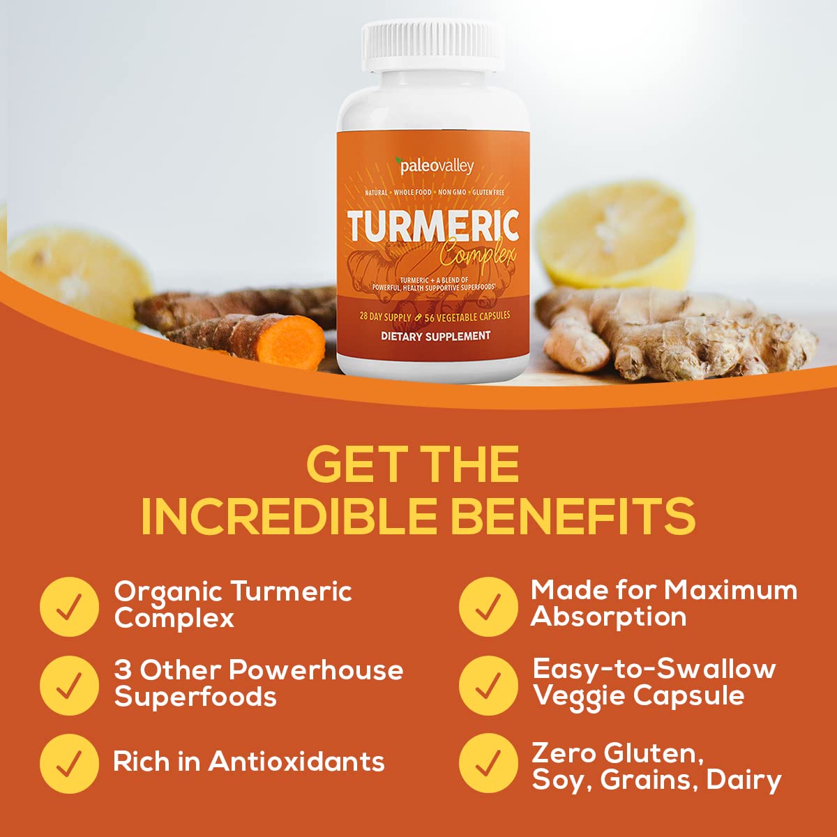 Paleovalley - Organic Turmeric Complex - Full Spectrum Organic Turmeric with Health-Supportive Superfoods - 56 Vegetarian Capsules - Support Joints, Immunity, Brain and Heart Health PaleovalleyUS supplements
