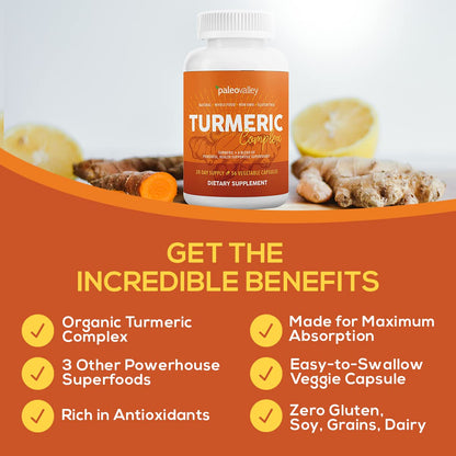 Paleovalley - Organic Turmeric Complex - Full Spectrum Organic Turmeric with Health-Supportive Superfoods - 56 Vegetarian Capsules - Support Joints, Immunity, Brain and Heart Health PaleovalleyUS supplements