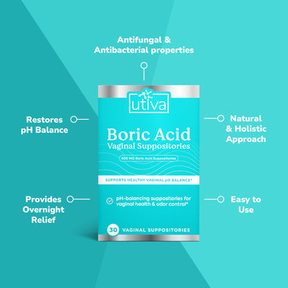10% Bundle Utiva Boric Acid - 600mg 30-Boric Acid Vaginal Suppositories to Lower pH and Support Vaginal Health + Utiva Suppository Applicators – Hygienic Individually Wrapped 15 Vaginal Applicators Szio+US supplements