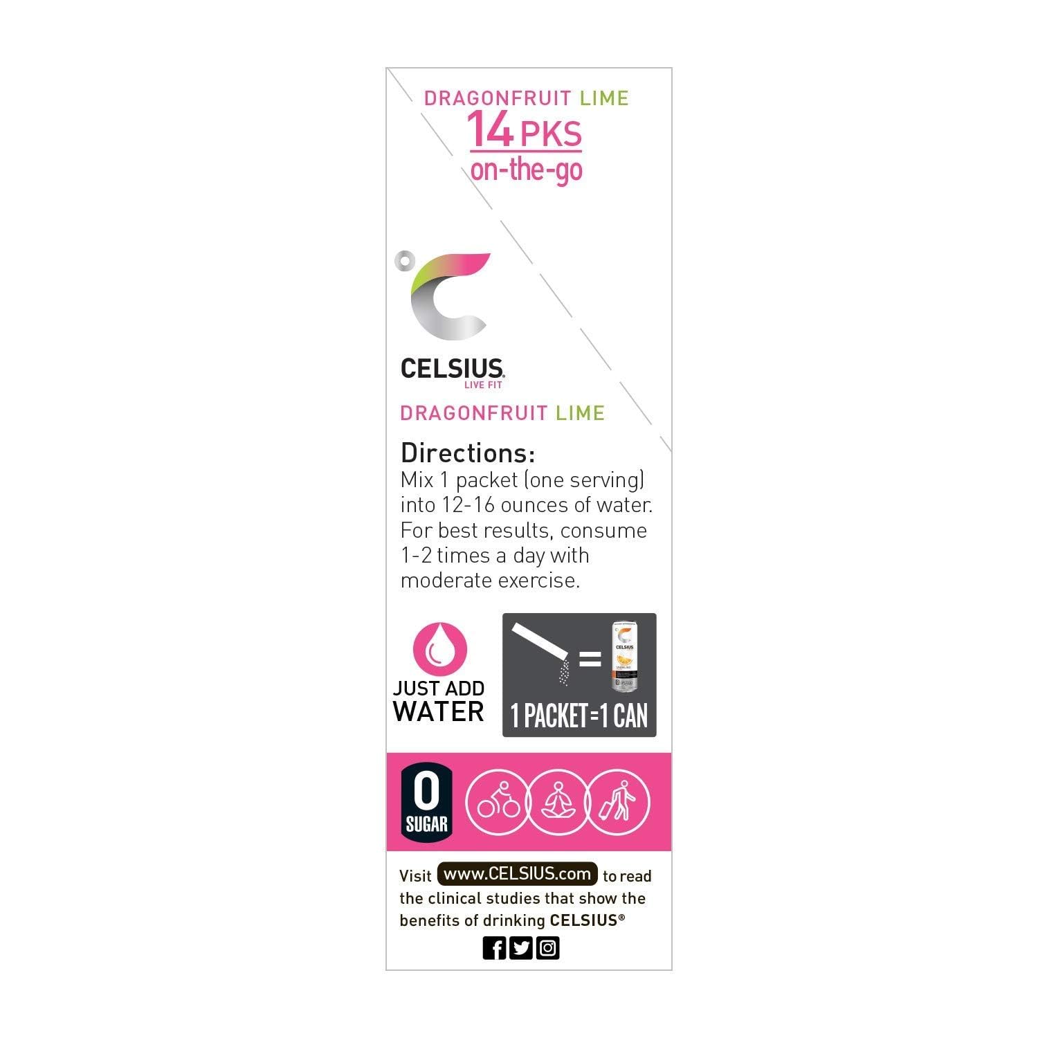 CELSIUS Dragonfruit Lime On-the-Go Powder Stick Packs, Zero Sugar 14 Count(Pack of 1) CELSIUSUS supplements