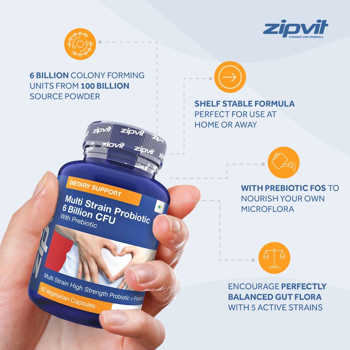 Probiotic 6 Billion Multi-Strain Live Bio Cultures Complex with Prebiotic, 60 Vegetarian ZipvitUS supplements
