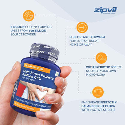 Probiotic 6 Billion Multi-Strain Live Bio Cultures Complex with Prebiotic, 60 Vegetarian ZipvitUS supplements