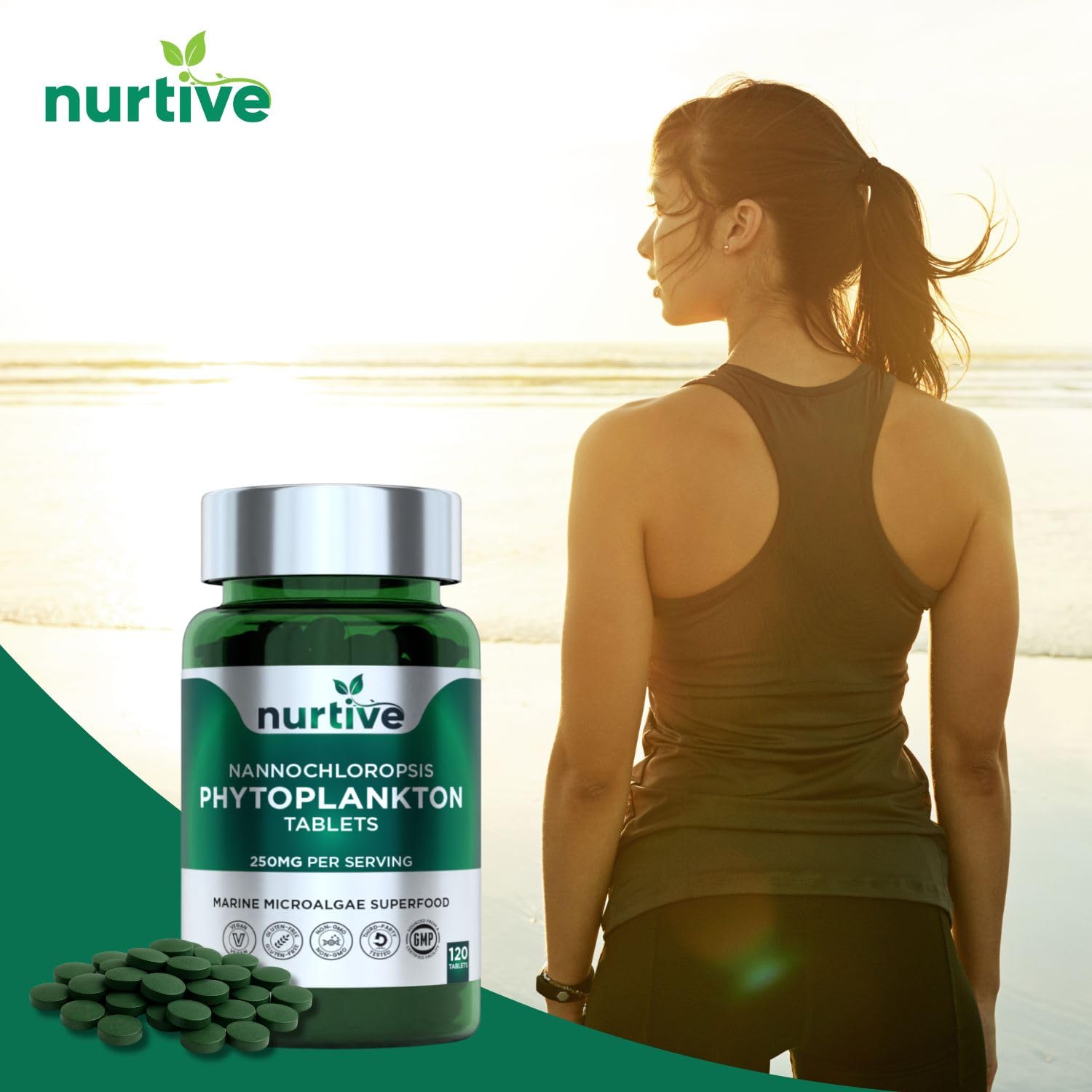 NURTIVE Nannochloropsis Phytoplankton Tablets – 250mg per Serving – Vegan, Gluten-Free, Non-GMO, No Fillers – Third-Party Tested, GMP Certified – 2 Tablets/Day for 2 Month, 120 Tablets/Bottle NURTIVEAu supplements
