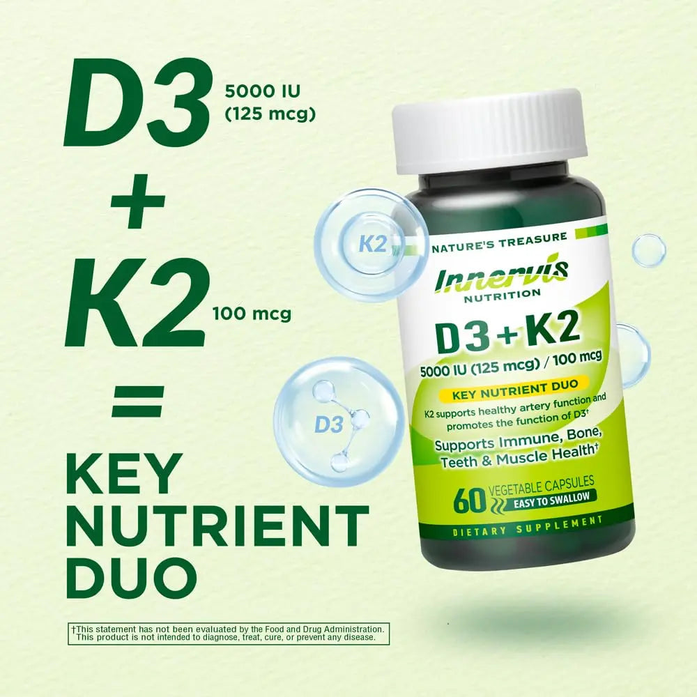 INNERVISNUTRITION Vitamin D3 5000 IU + K2 MK-7 100mcg – Bone, Heart & Immune Support, Easy to Swallow, 60 Capsules INNERVISNUTRITIONAu supplements