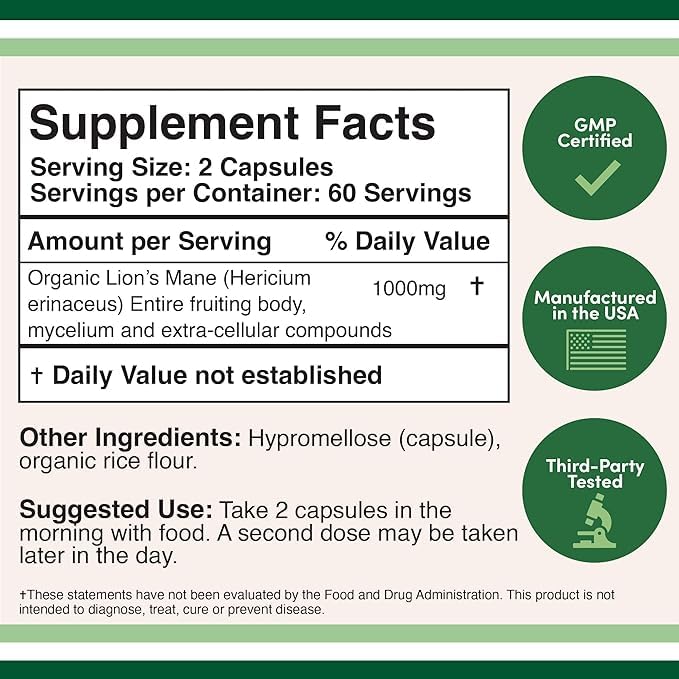 Lions Mane Supplement Mushroom Capsules (Two Month Supply - 120 Count) for Brain Double Wood SupplementsUS supplements