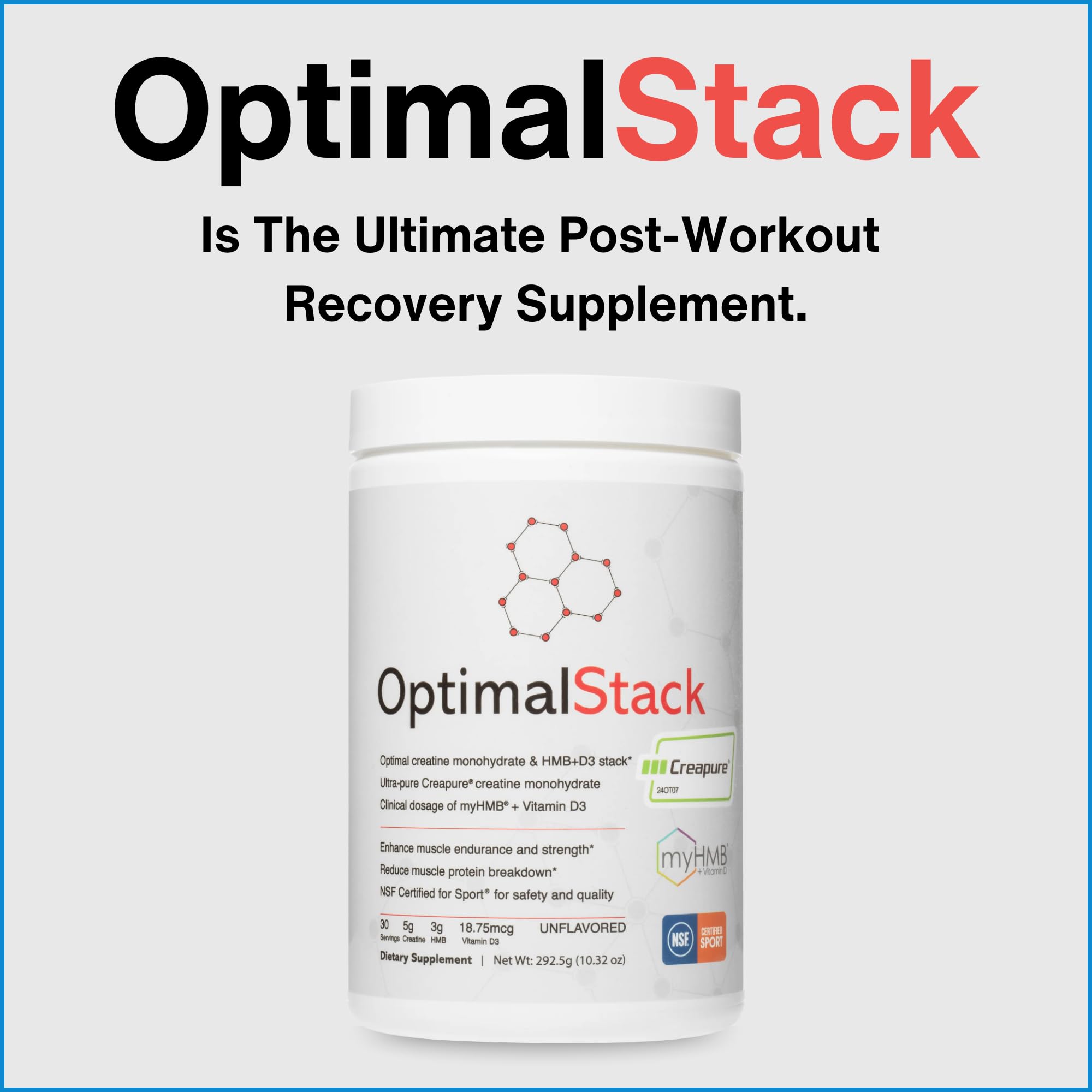 OptimalStack Creatine Monohydrate, HMB, & Vitamin D3 Stack | with Creapure Creatine, Clinical Dosage of myHMB, and Vitamin D3 | NSF for Sport Certified | Unflavored, 30 Servings OptimalAminoAu supplements
