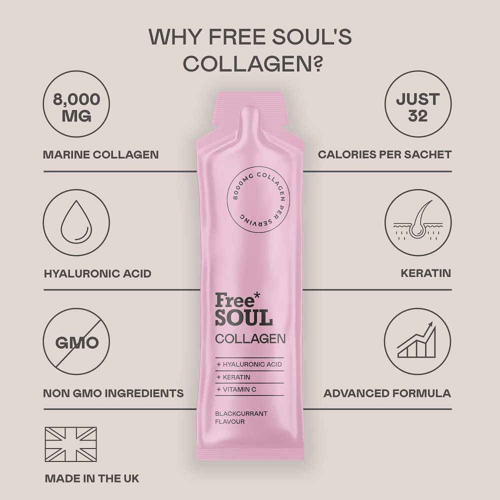 Marine Collagen Liquid 8000mg with Hyaluronic Acid, Keratin, & Vitamin C, 14 x 8000mg Hydrolysed Collagen Free SoulUS supplements
