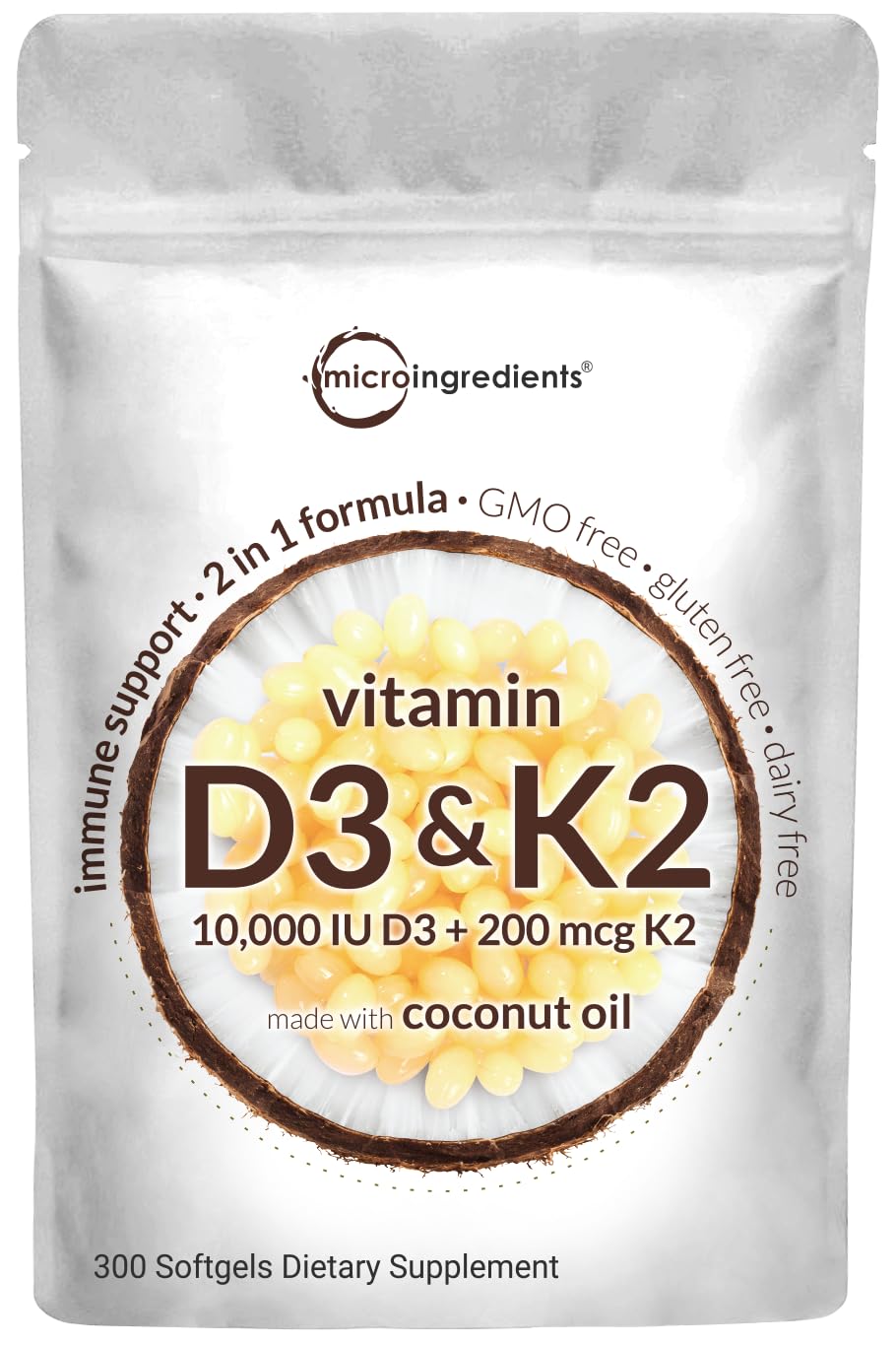 Vitamin D3 10000 iu Plus K2 (MK-7) 200 mcg, 300 Virgin Coconut Oil Softgels Micro IngredientsUS supplements
