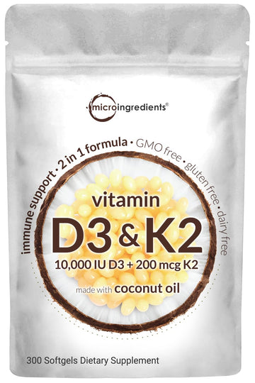 Vitamin D3 10000 iu Plus K2 (MK-7) 200 mcg, 300 Virgin Coconut Oil Softgels Micro IngredientsUS supplements