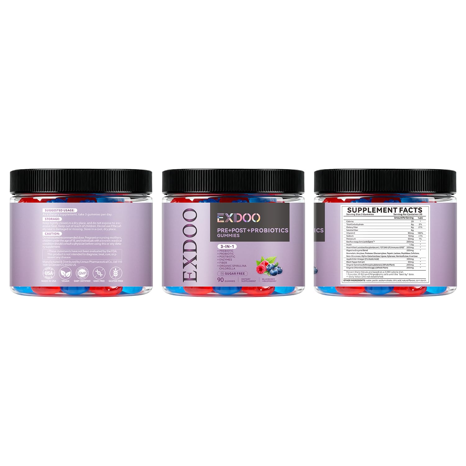exdoo 3-in-1 Probiotic Gummies Prebiotic+Probiotic+Postbiotic with Organic Spirulina Chlorella Immune Gut & Digestive Support 90 Count exdooAu supplements