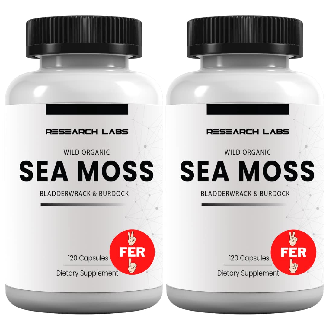 Research Labs 2 Fer 1 Ad Organic Irish Sea Moss Capsules 240 Total Pills, Raw Wildcrafted Seamoss Enhanced w/Bladderwrack & Burdock Root Antioxidant Powerhouse. Thyroid Support Research LabsAu supplements