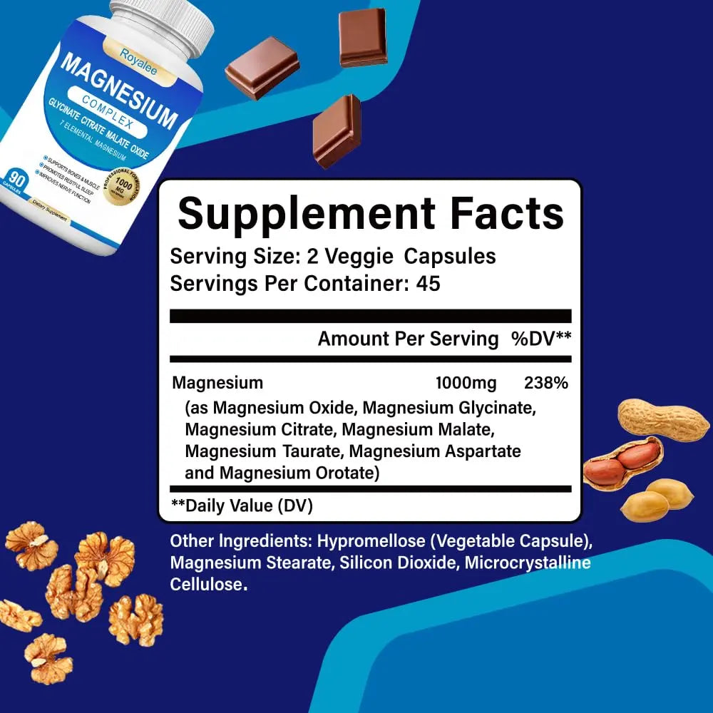 Magnesium Complex Supplement - 1000mg with 7 Magnesium Forms Including Glycinate, Citrate, Malate, Taurate & Orotate - Supports Relaxation, Muscle Function & Bone Strength - 90 Capsules Royaleenz supplements