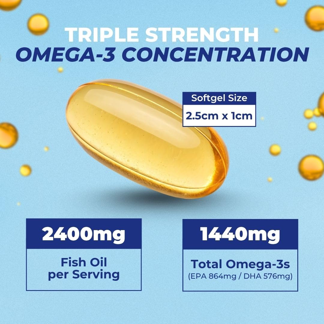 Vital Omega 3 Fish Oil Supplements 2400mg | 864mg EPA & 576mg DHA | 1440mg Total Omega-3 Fatty Acids | Promotes Brain & Heart Health | Non-GMO, Gluten-Free, Sugar-Free | Lemon | 60 Day Servings VITAL NUTRITIVEAu supplements