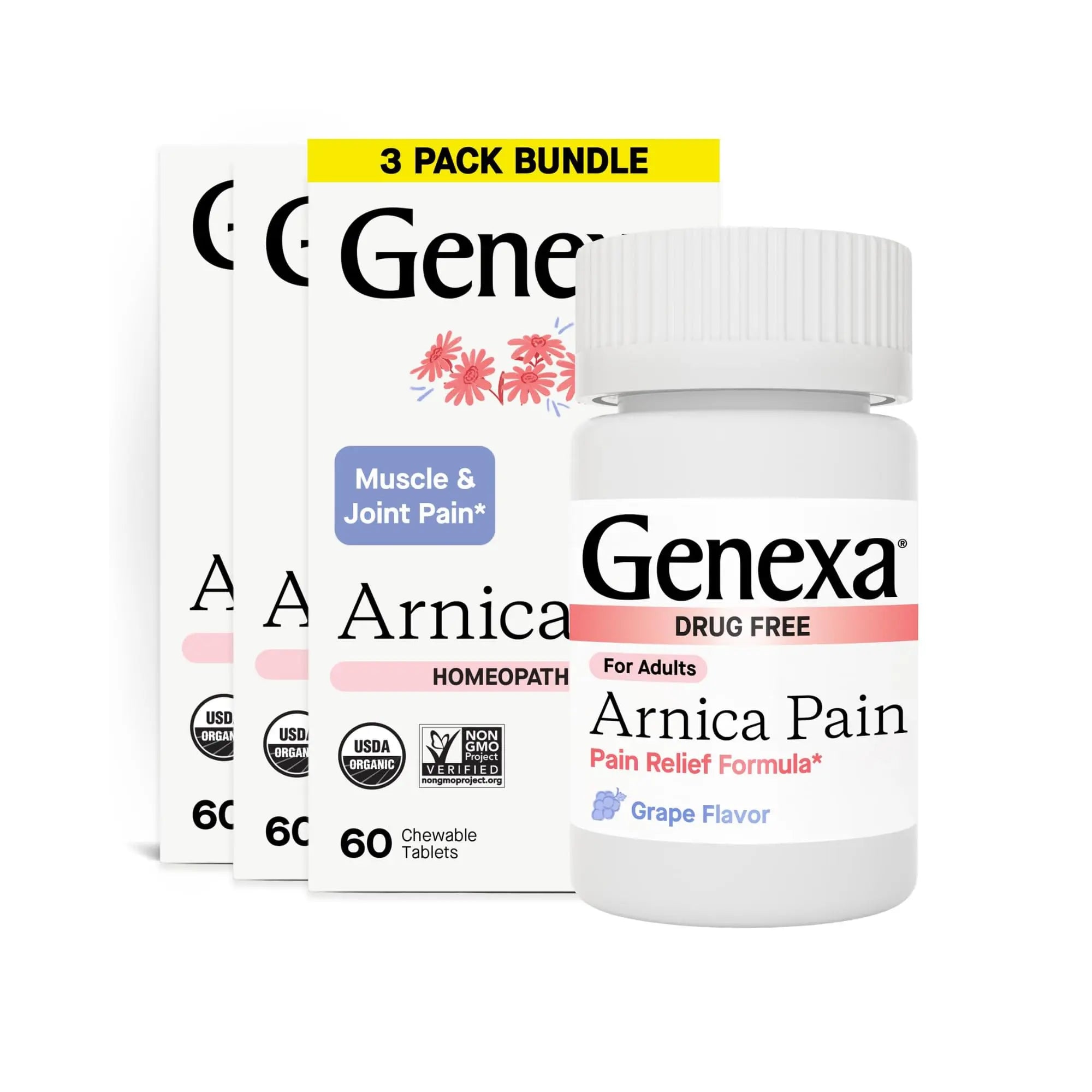 Genexa Arnica Tablets for Pain Relief Formula | Alleviate Muscle & Joint Pain, Soreness, & Stiffness | Delicious Organic Grape Flavor | Homeopathic Remedy Made Clean | 300 Chewable Tablets (3 Pack) GenexaAu supplements