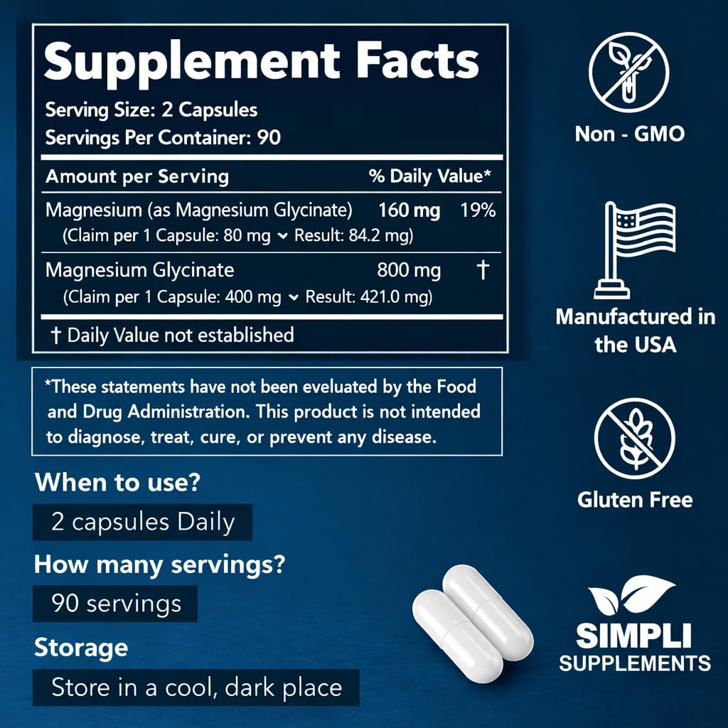 Magnesium Glycinate 400mg per Serving – High Absorption – Gentle on Stomach – Supports Sleep, Relaxation, Muscle, Bone & Immune Health – Non-GMO, Vegan, 180 Capsules Simpli SupplementsAu supplements