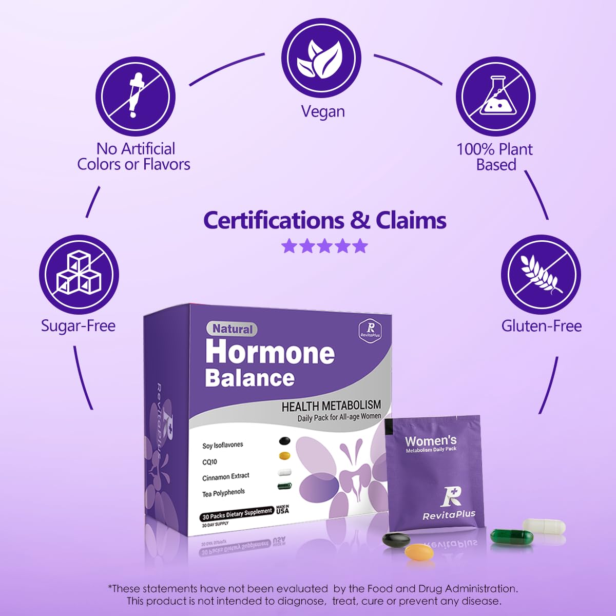 Natural Hormone Balance for Women, Menopause Supplements for Women with Evening Primrose Oil,CoQ10,Soy Isoflavones, Daily Pack Supports Peri+Menopause+Post, PMS,Metabolism,Mood,Energy 30Packs RevitaPlusAu supplements