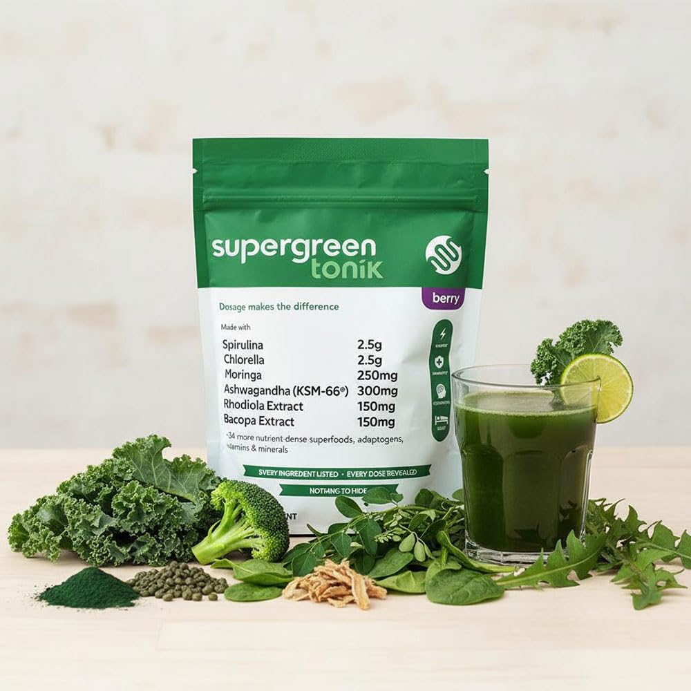 SUPERGREEN TONIK 100% Natural Greens Superfood Powder – Daily Supplement with 40 Superfoods, Vitamins and Minerals – Supports Energy, Stress and Immunity – 30 Days 360 Grams Berry Flavor (1 Bag) SUPERGREEN TONIKAu supplements