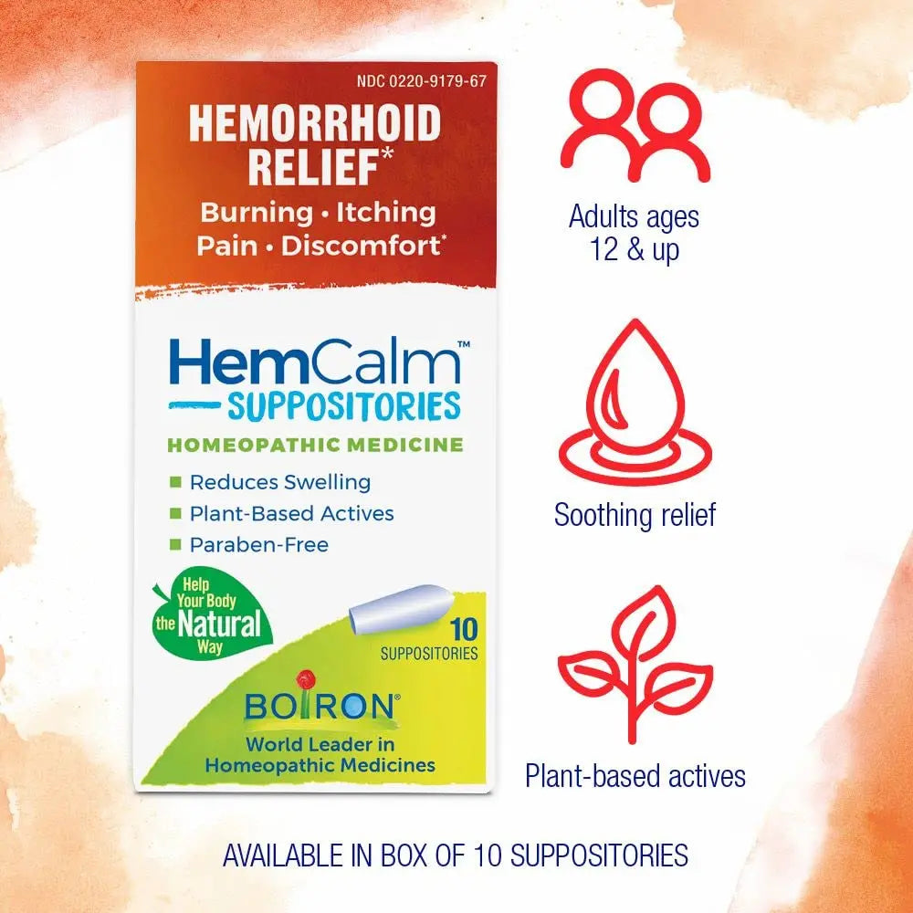 Boiron HemCalm Suppositories for Hemorrhoid Relief of Pain, Itching, Swelling or Discomfort - 10 Count (Pack of 2) BoironAu supplements