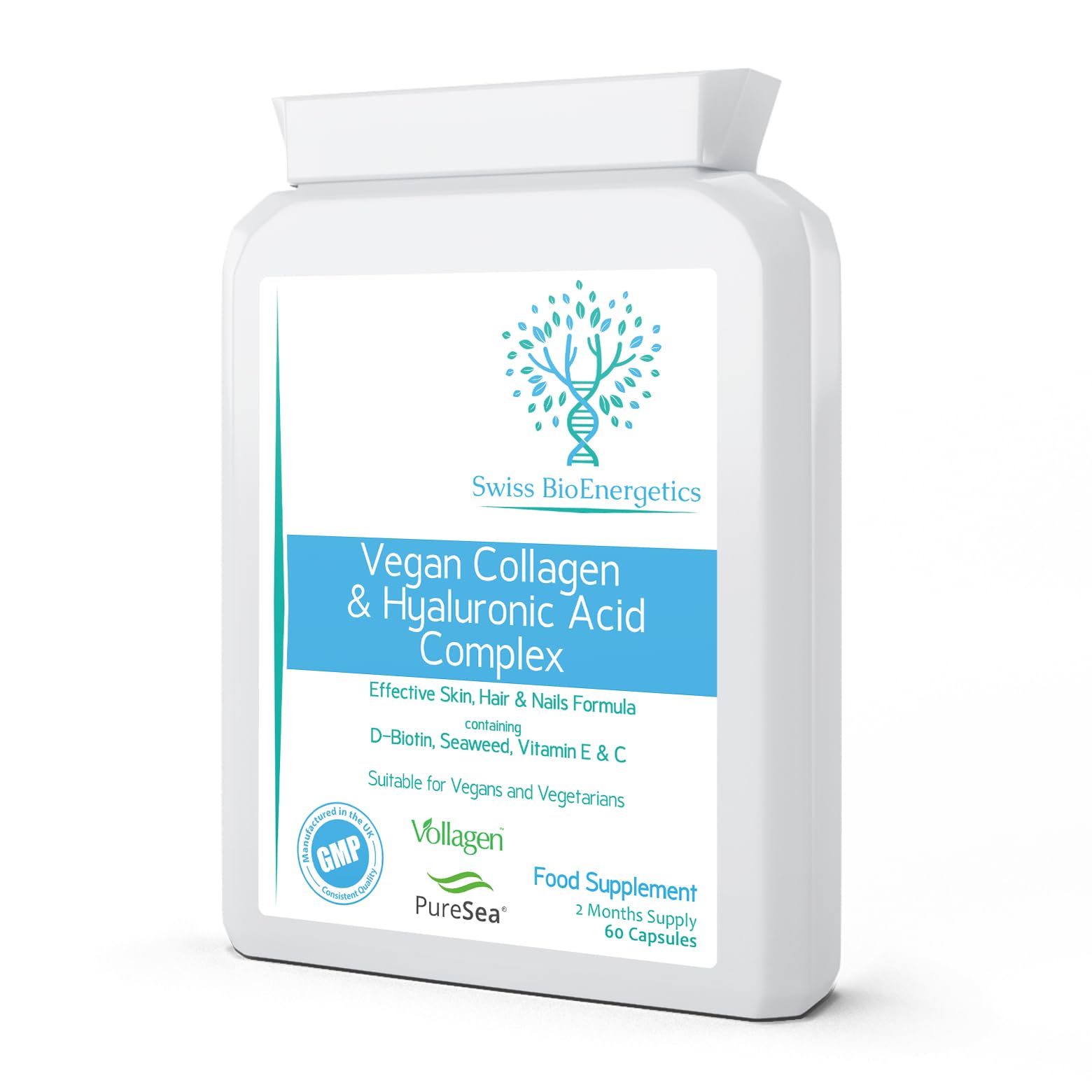 Vegan Collagen & Hyaluronic Acid Complex - 60 Capsules - Effective Skin, Hair & Nails Formula with 500mg swiss bioenergeticsAu supplements