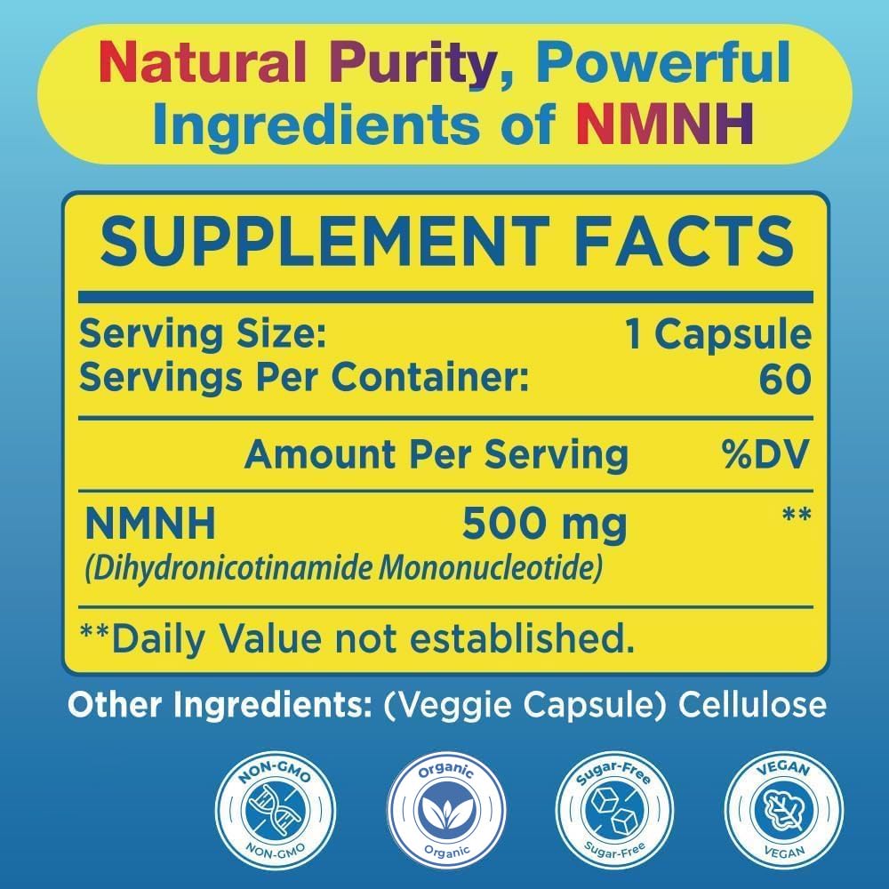 NMNH (NMN Supplement Alternative) NAD Supplements for Anti Aging, Energy, Immune, Focus (Dihydronicotinamide Mononucleotide) 500mg, to Boost NAD+ Levels As We Age, Pure Organic - 60 Capsules BeyyolyAu supplements