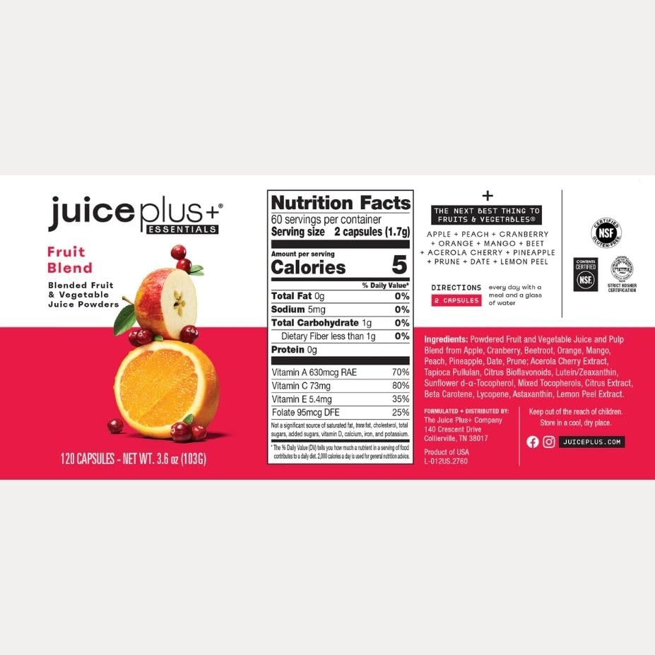 JuicePlus+ Fruit Blend: Plant-Based Whole Food Supplement with Apple, Peach, Cranberry, & More! - Vegan, Gluten-Free, Non-GMO, Kosher - Packed with Plant-Based Vitamins - 1 Bottle (60 Servings) Juice Plus+Au supplements