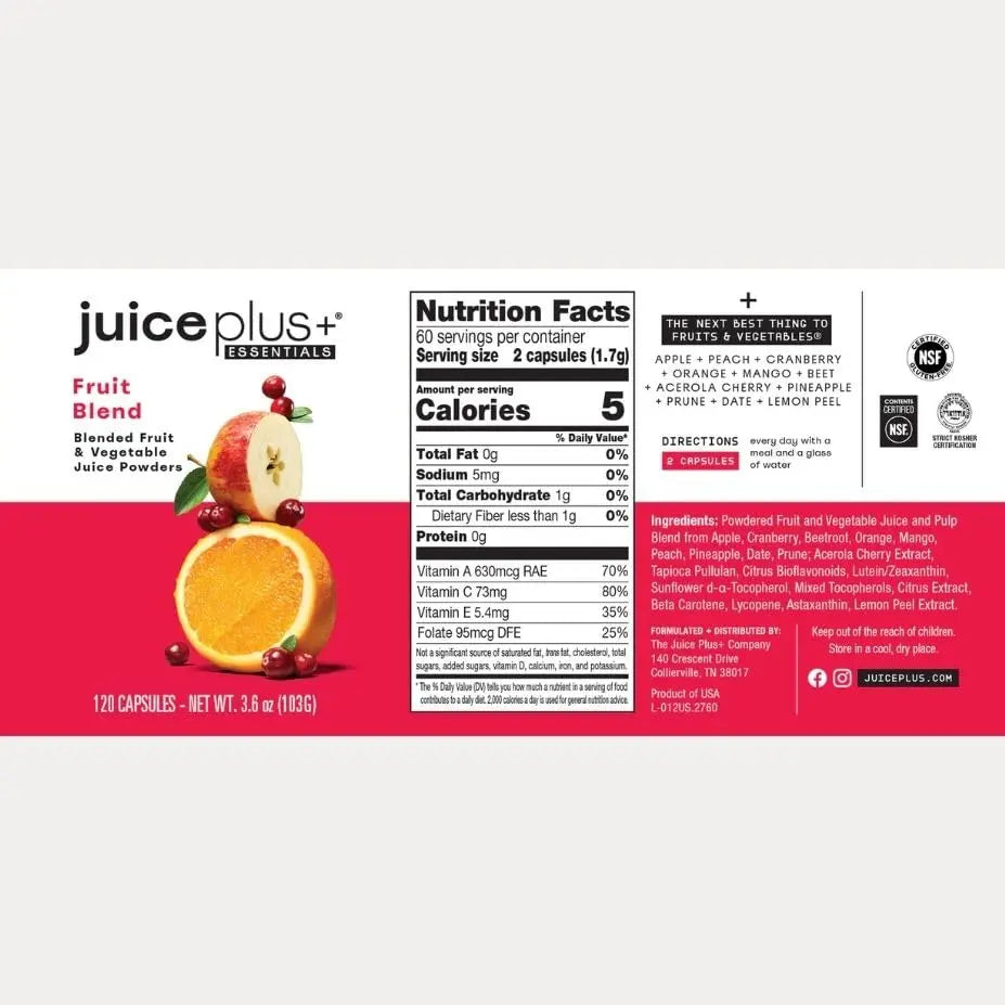 JuicePlus+ Fruit Blend: Plant-Based Whole Food Supplement with Apple, Peach, Cranberry, & More! - Vegan, Gluten-Free, Non-GMO, Kosher - Packed with Plant-Based Vitamins - 1 Bottle (60 Servings) Juice Plus+Au supplements