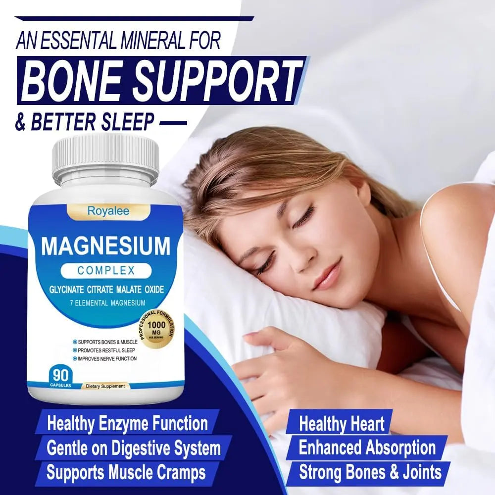 Magnesium Complex Supplement - 1000mg with 7 Magnesium Forms Including Glycinate, Citrate, Malate, Taurate & Orotate - Supports Relaxation, Muscle Function & Bone Strength - 90 Capsules Royaleenz supplements