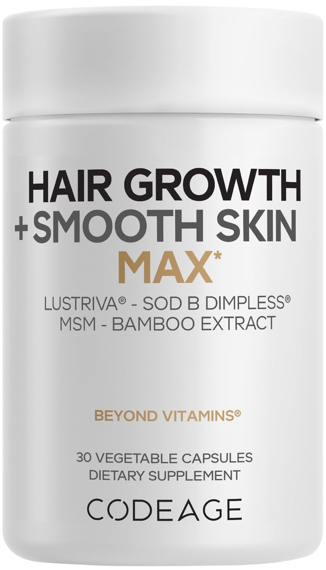Codeage Hair Growth + Smooth Skin Max Vitamins Supplement - Patented Lustriva & SOD B Dimpless Superoxide Dismutase - Hair Growth Health Skin Cellulite Support - Biotin, Vitamin C, MSM - 30 Capsules CodeageAu supplements