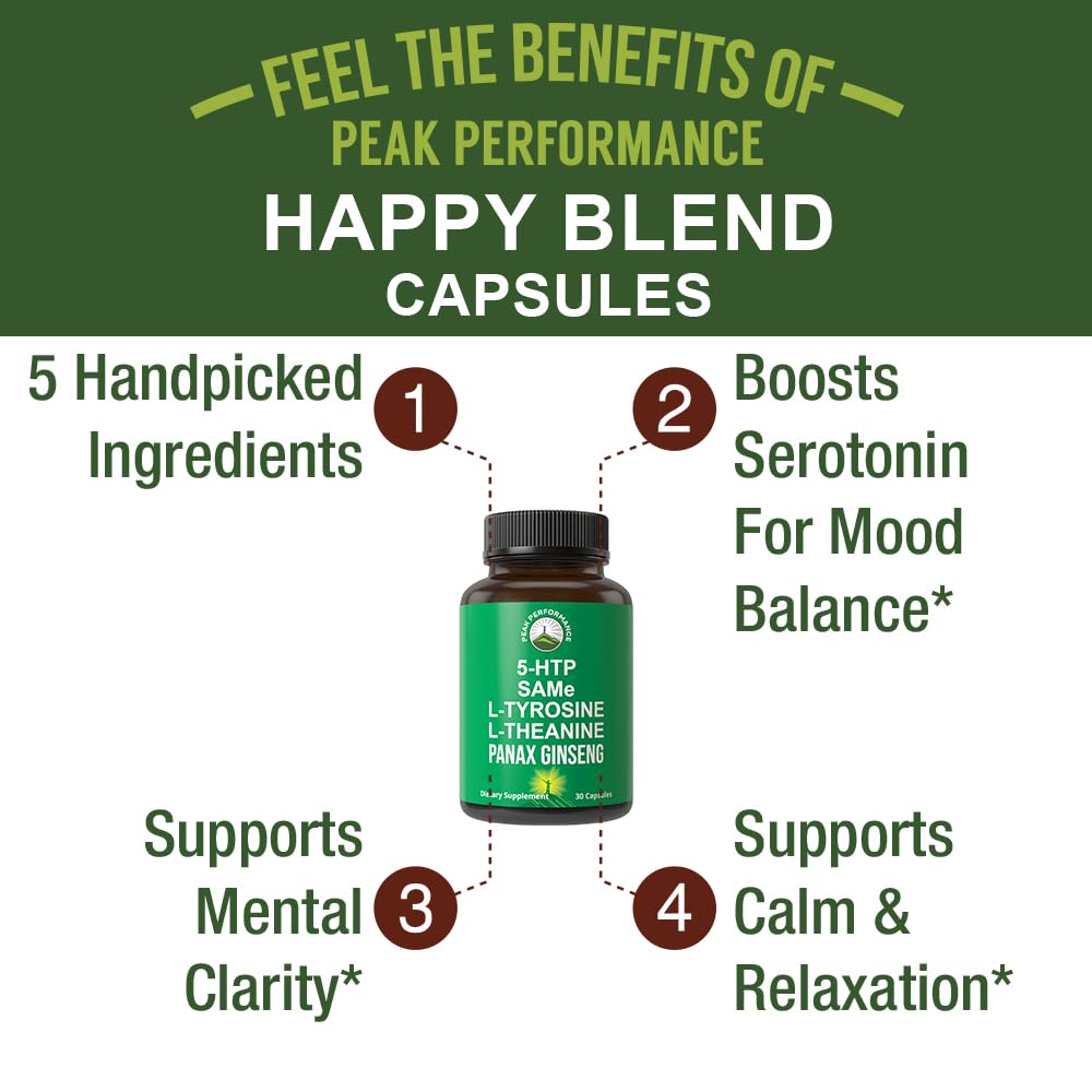 Peak Performance Mood Support Supplement with 5 Top Ingredients: 5HTP, SAM e, L Tyrosine, L Theanine, and Panax Ginseng. Calm, Focus, Relaxation Supplements. Vegan Peak PerformanceAu supplements