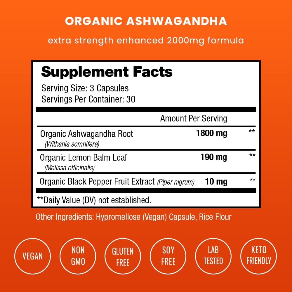 NutraChamps Organic Ashwagandha Capsules, 2000mg Adrenal Fatigue, Thyroid & Mood Support Ashwagandha Supplements, Ashwagandha Root Powder & Lemon Balm, Superior Absorption with Black Pepper NutraChampsAu supplements