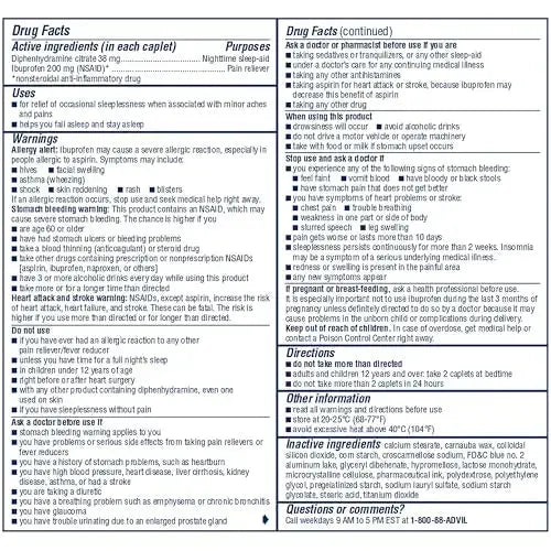 Advil PM Pain Reliever and Nighttime Sleep Aid, Pain Medicine with Ibuprofen for Pain Relief and Diphenhydramine Citrate for a Sleep Aid - 50x2 Coated Caplets AdvilAu supplements