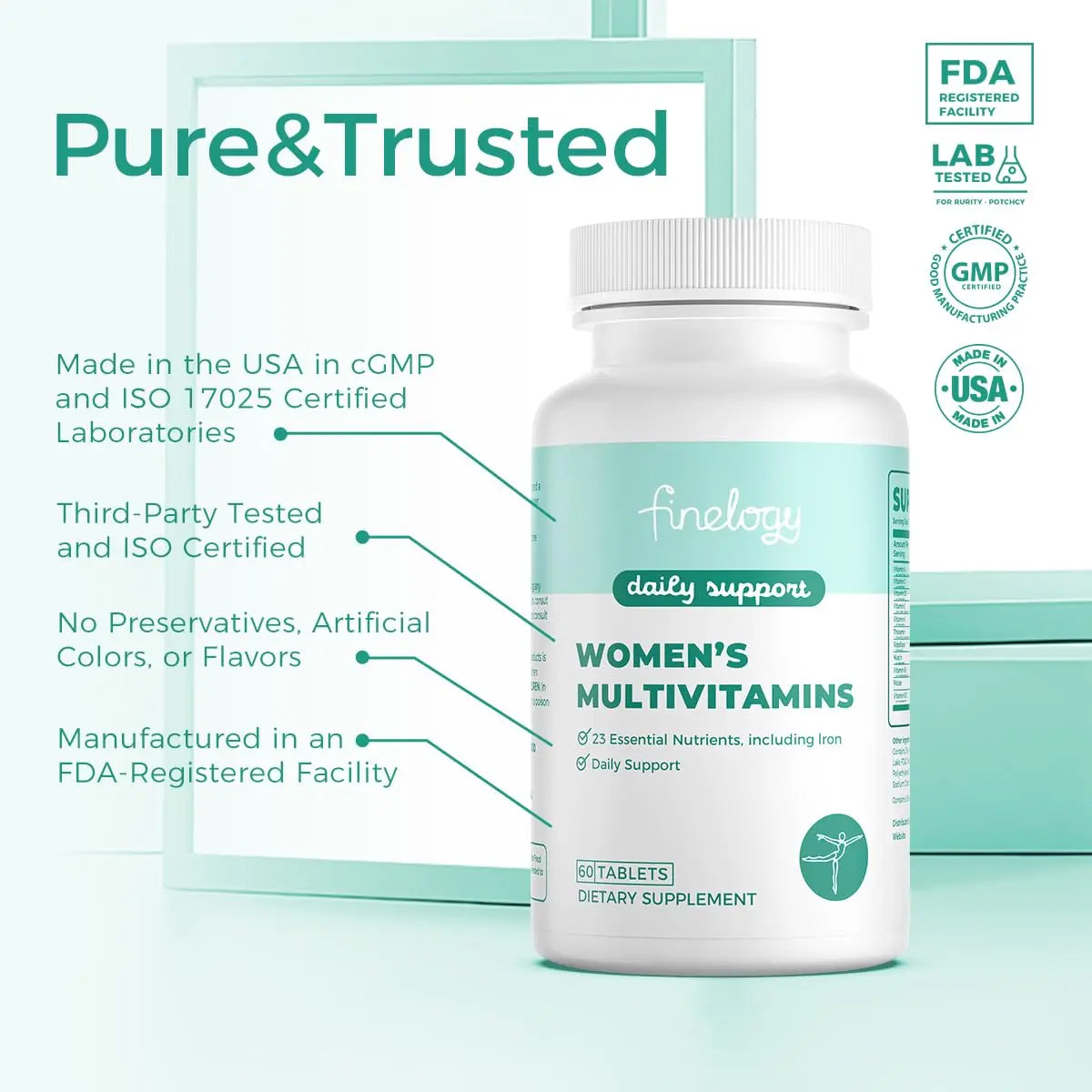 finelogy Womens Multivitamin - Essential Nutrients with Iron, Vitamins A, C, D3, K, B6 and B12 Supplements for Women’s Health, Energy Hair Skin & Nails finelogyAu supplements