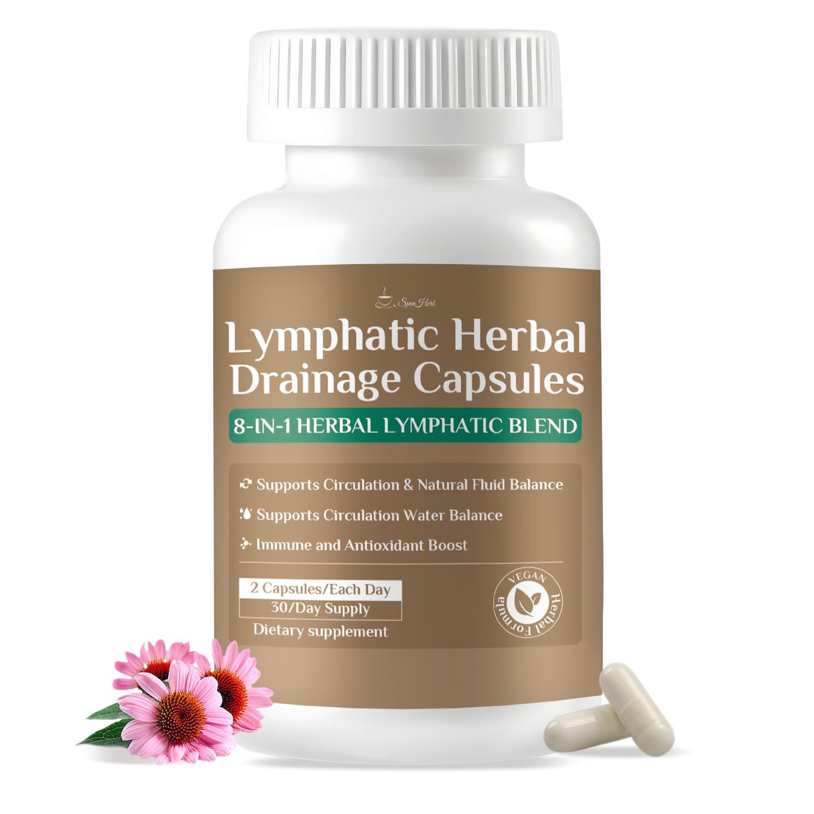 SpenHerb Lymphatic Drainage Capsules Supplements, 8-in-1 Herbal Lymphatic Blend Support Circulation and Natural Fluid Balance, Non-GMO Pure,60 Capsules/1 Pack SpenHerbAu supplements