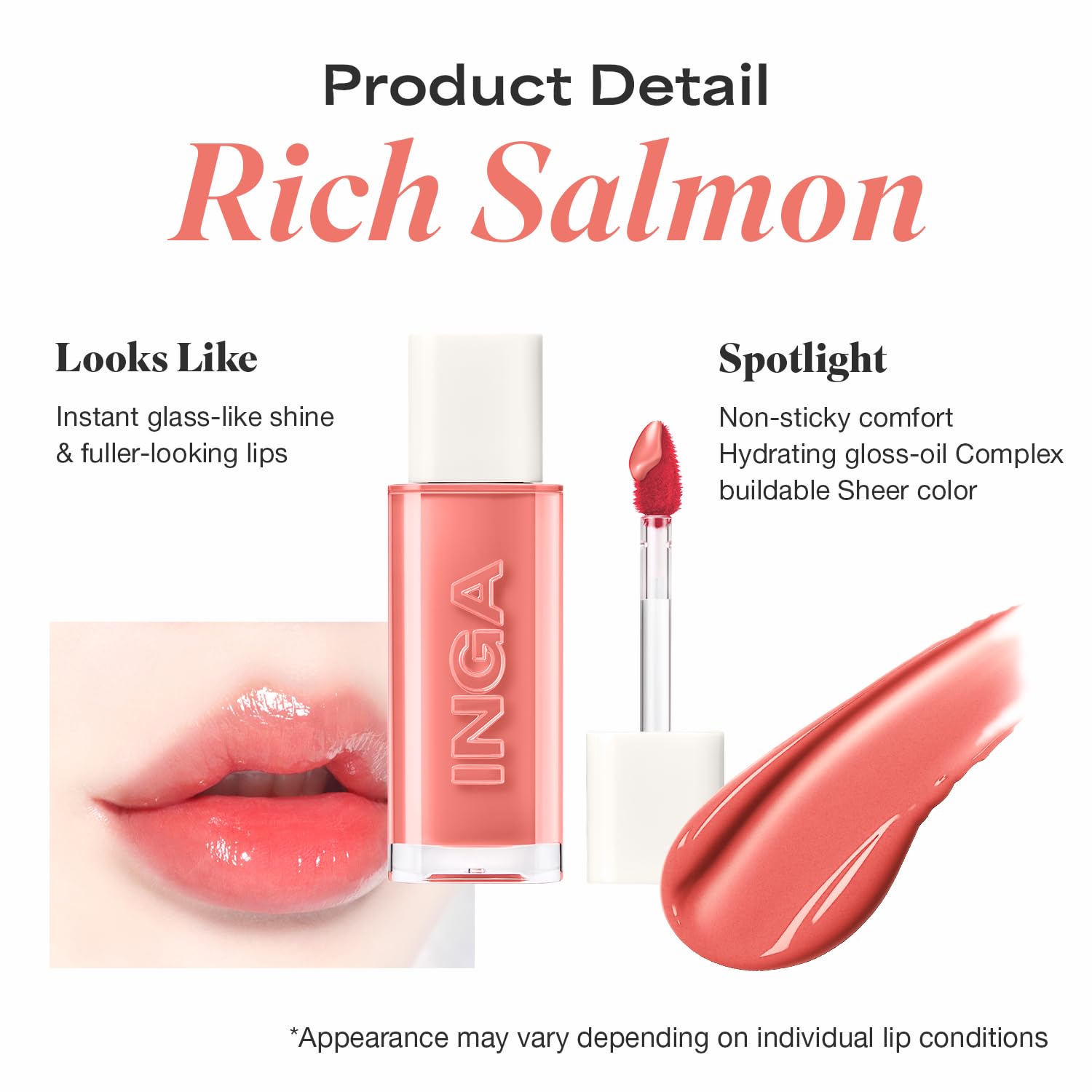 INGA Water Glow Lip Tint | Hydrating, Glossy Korean Lip Tint with Sheer Color & Glass-Like Shine | Long-Lasting, Non-Sticky Korean Lip Stain (RICH SALMON) INGAAu supplements