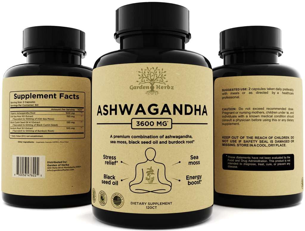 Garden of Herbz Organic Ashwagandha Root & Irish Sea Moss – 3,600 mg Ashwagandha Supplement with Black Seed Oil, & Burdock Root – Herbal Supplement for Energy, Calm, Mood, & Wellness, 120 Caps Garden of HerbzAu supplements