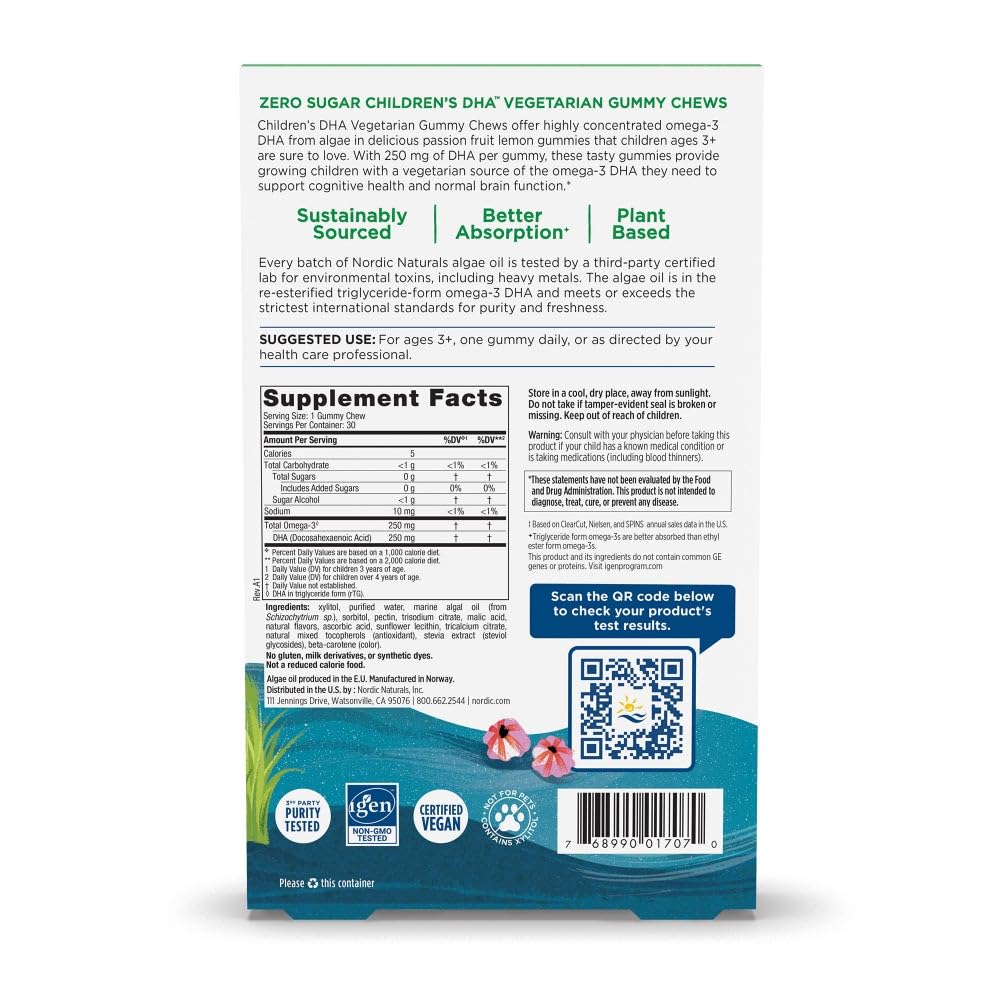 Nordic Naturals Zero Sugar Children’s DHA Vegetarian Gummy Chews - Passion Fruit Lemon Flavor - 30 Gummies - Vegan Algae Oil Omega-3 Supplement for Kids Brain & Cognition Support - 30 Servings Nordic NaturalsAu supplements