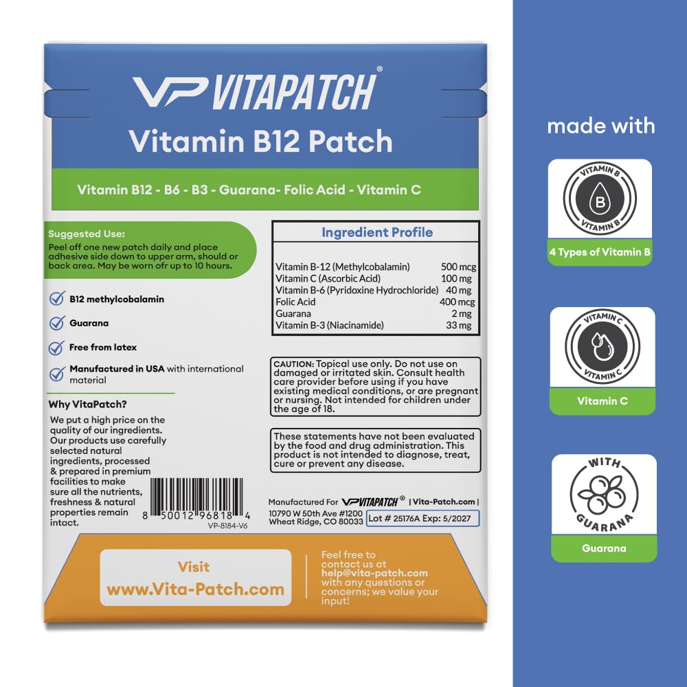 VitaPatch Vitamin B12 Patch for Energy Plus – 30 Count Vitamin B12 Patches – B12 Vitamins VitaPatchUS supplements